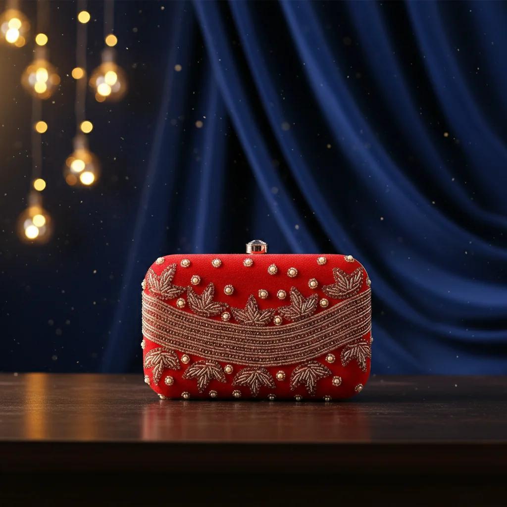 Value Gifts Women’s Party Red Clutch Bag with Golden Embroidery