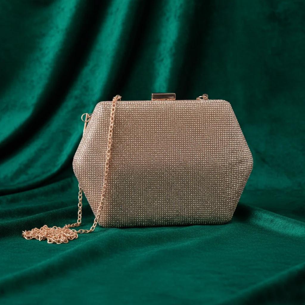 Value Gifts Elegant Pale Taupe Glittery Bream Gold Clutch Bag for Women