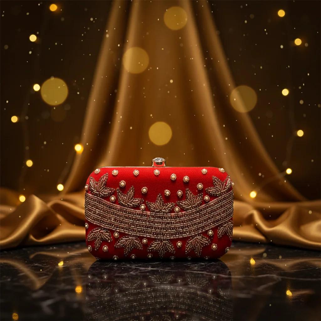 VPH Gift Store Venetian Red Wedding Clutch Bag with Gold Embroidery for Women