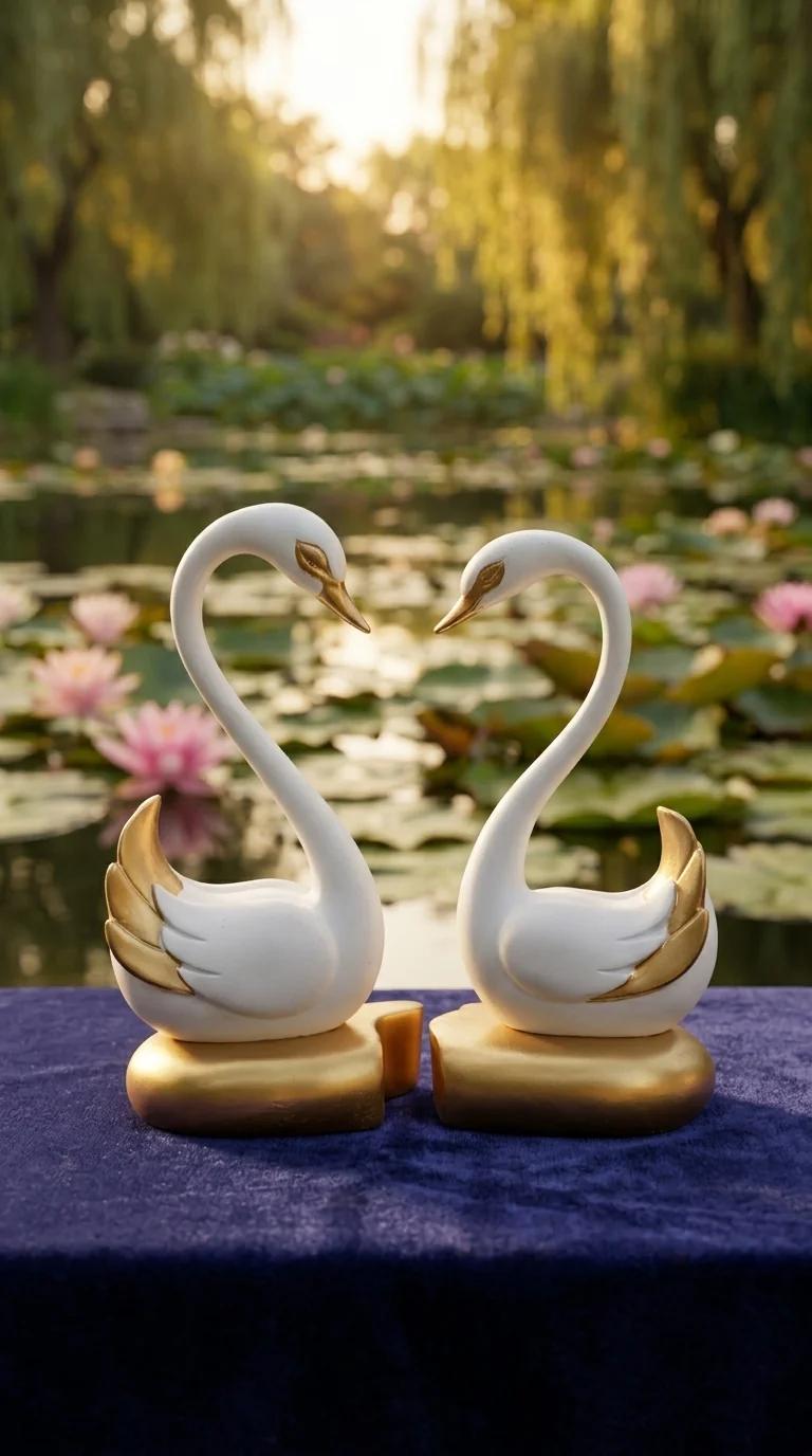 MH Decors Elegant White and Gold Swan Pair Figurine for Home and Office Decoration