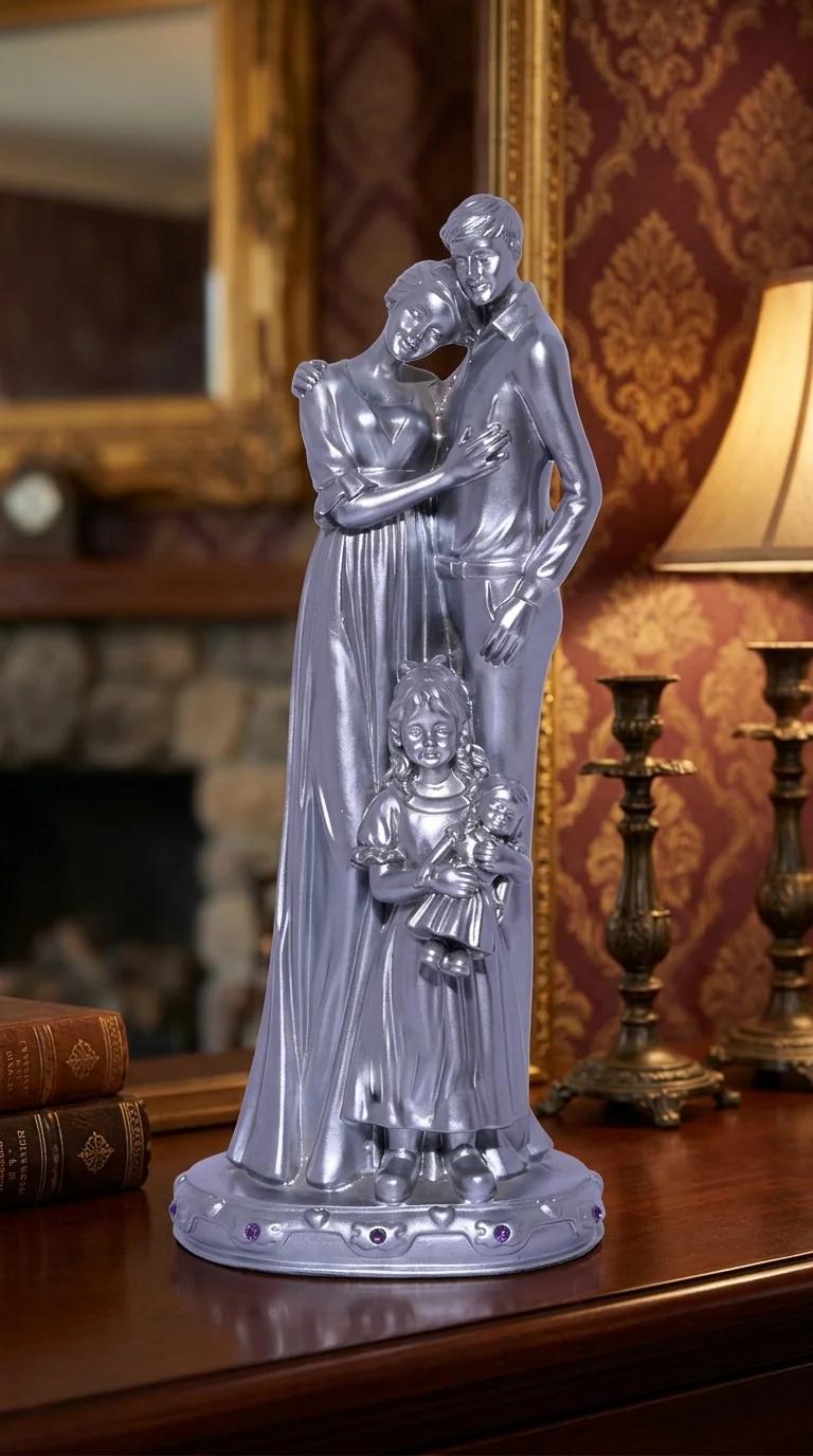 MH Decors Elegant Silver Family Figurine for Tabletop, Home, and Office Decor