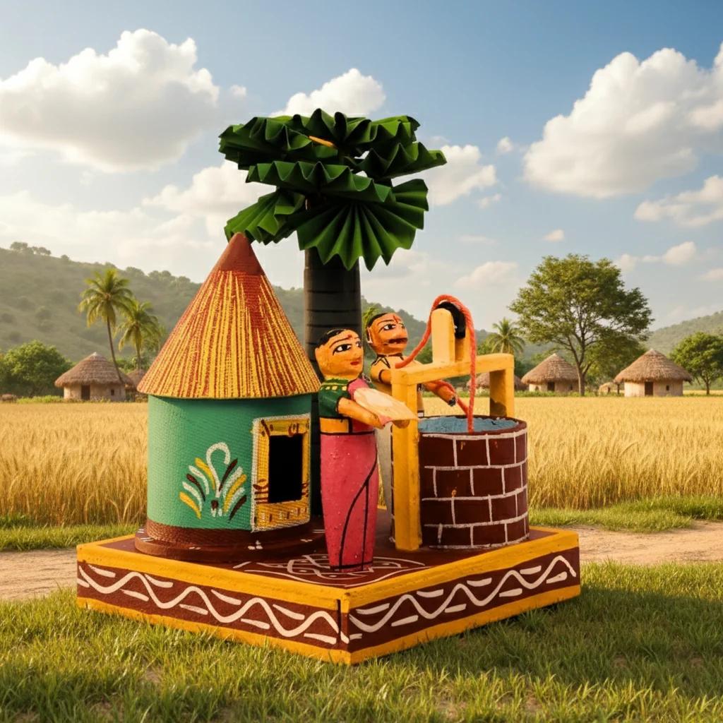 MH Decors Kondapalli Wooden Village Hut with Well Handcrafted Home Decor Figurine