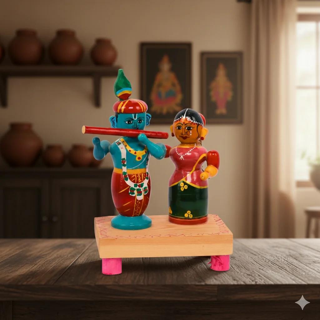 VPH Gift Store Kondapalli Wooden Radha Krishna Handcrafted Figurines for Living Room Decoration