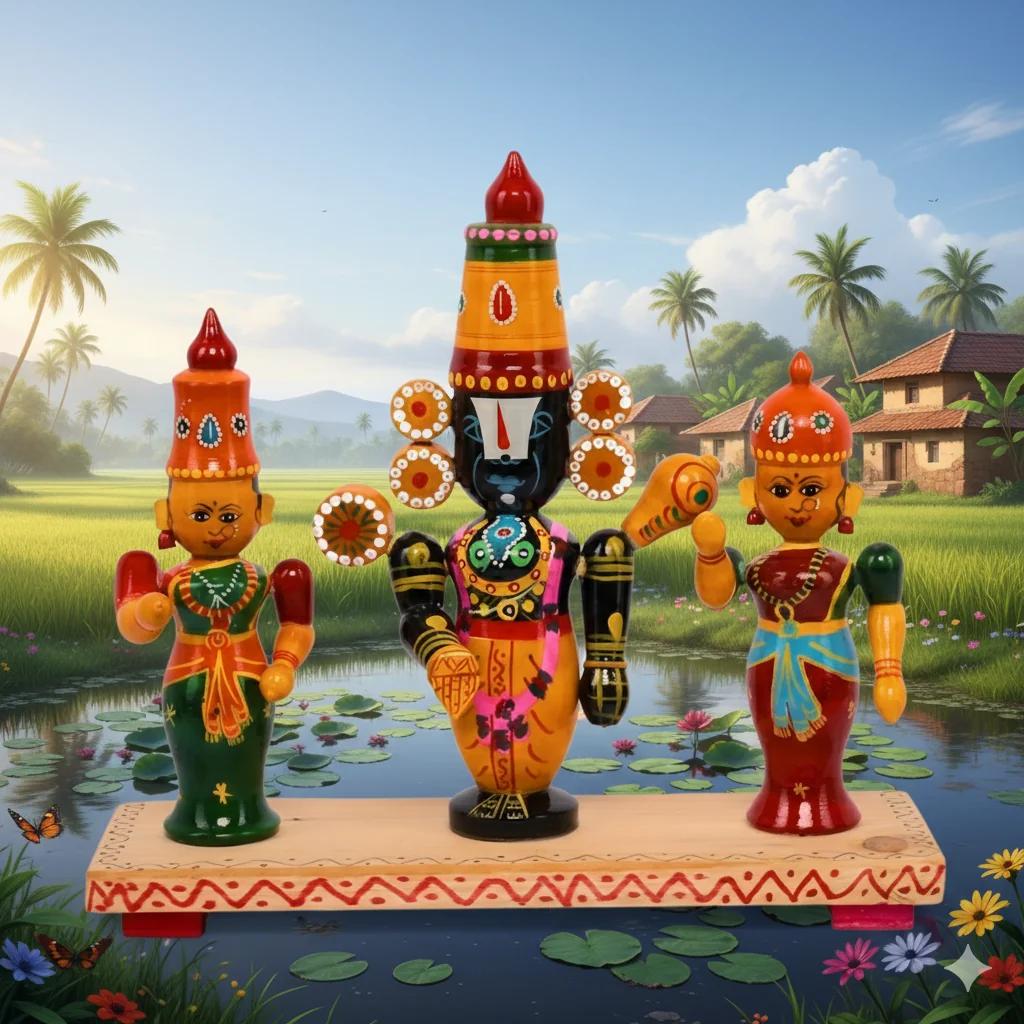 VPH Gift Store Kondapalli Wooden Lord Balaji Padmavati Lakshmi Decorative Idol Set for Living Room