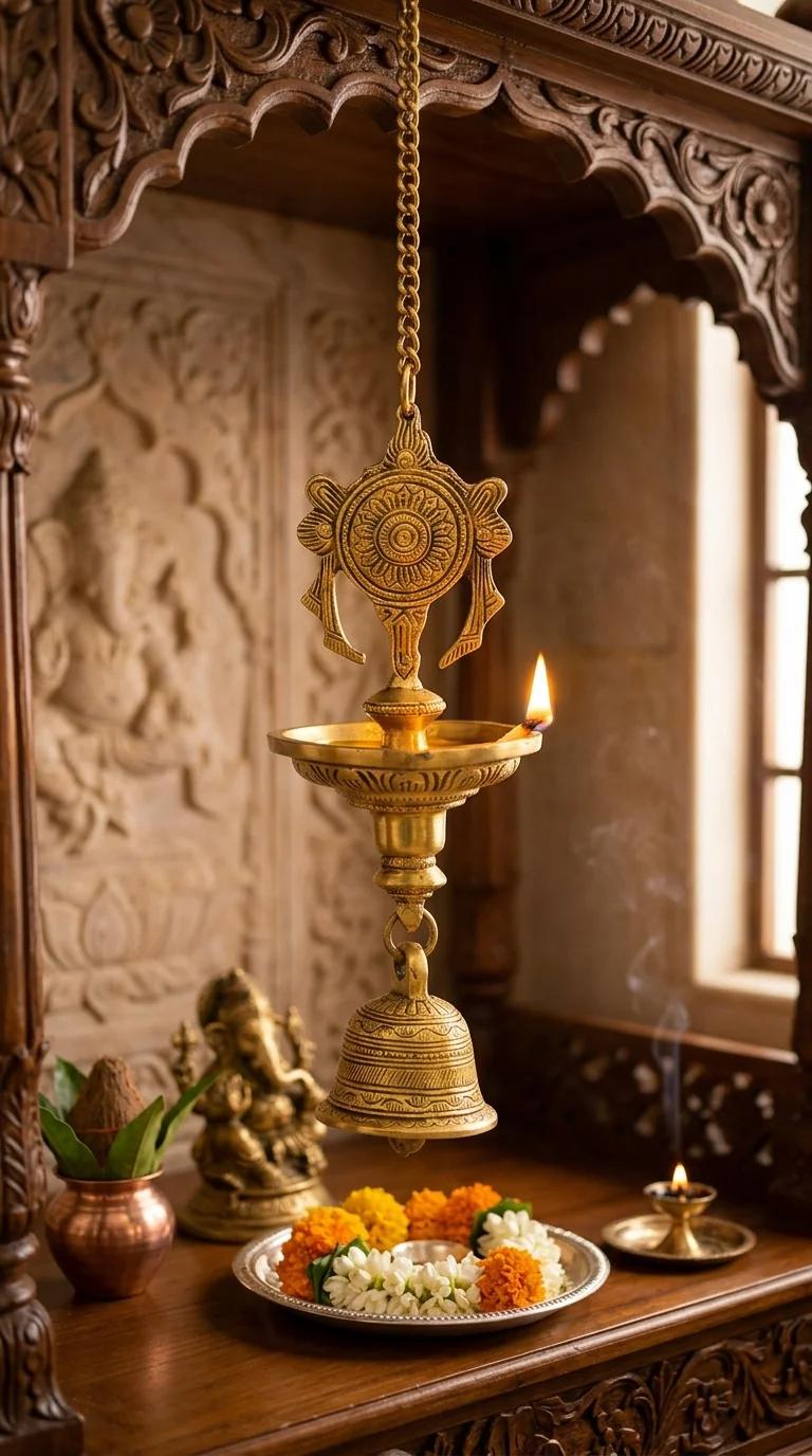 MH Decors Brass Shanku Chakra Hanging Diya with Bells for Temple and Pooja Room