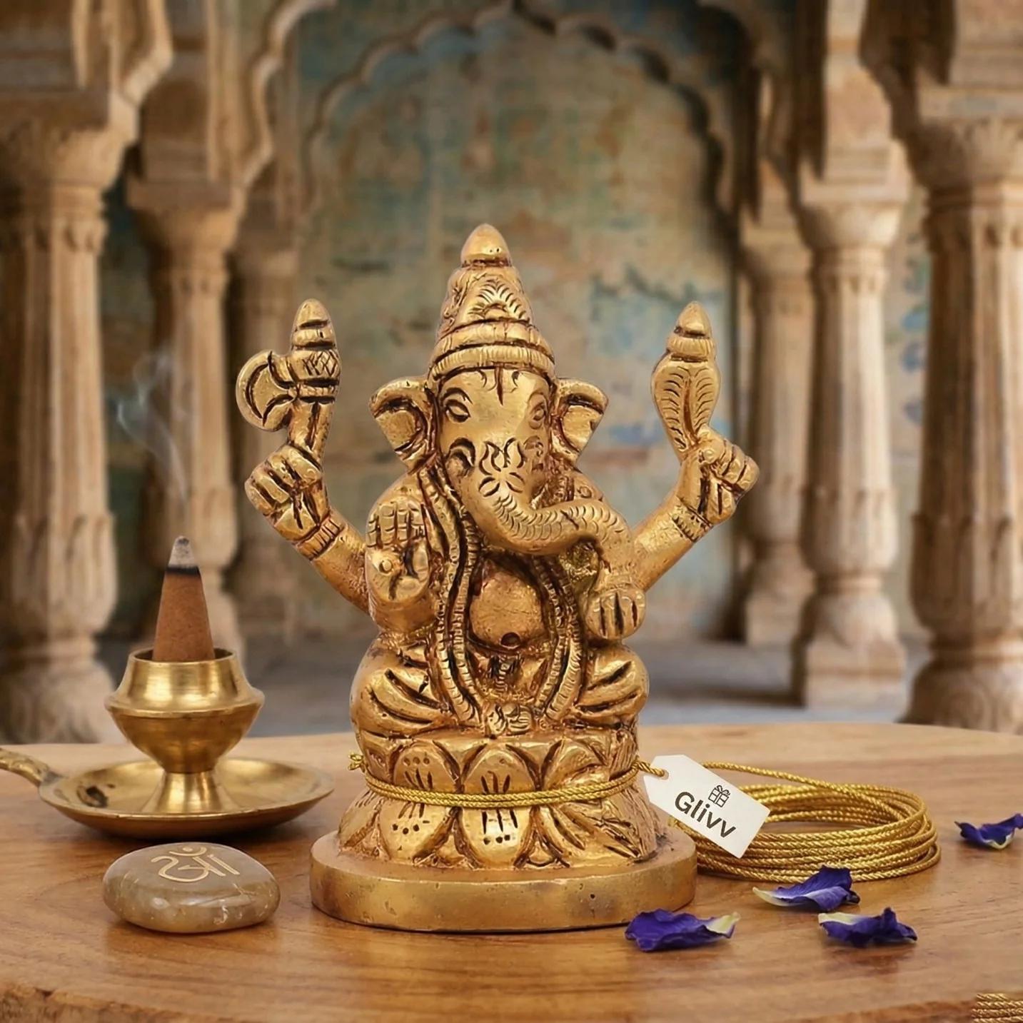 Value Gifts Decorative Brass Ganesh Murti for Home Desk and Vehicle