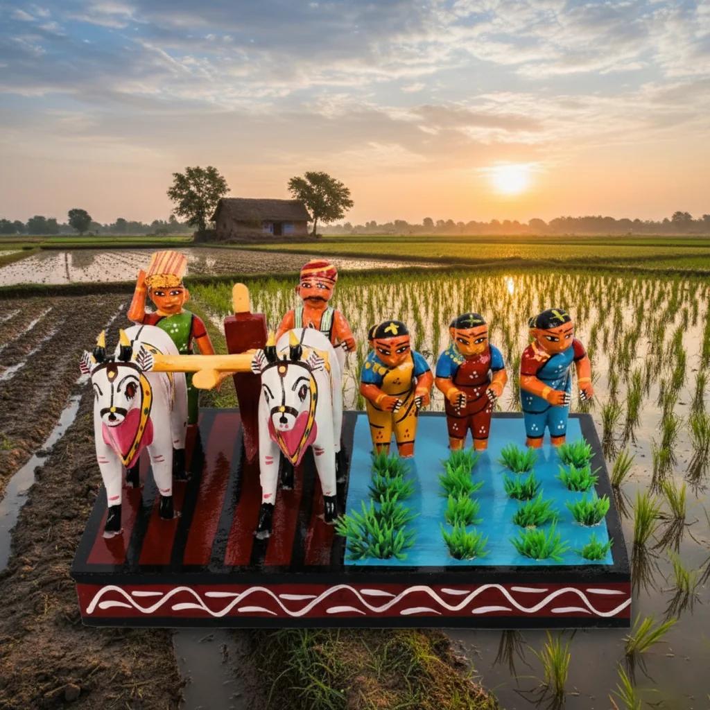 VPH Gift Store Kondapalli Wooden Farming Scene Showpiece Handcrafted for Home Decor