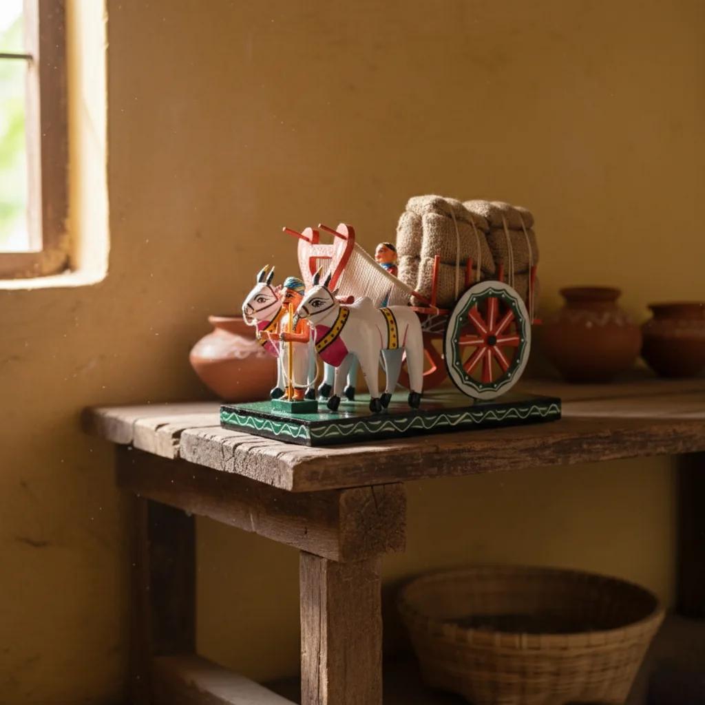 VPH Gift Store Kondapalli Wooden Medium Bullock Cart Handcrafted Multi Colour for Home Interior