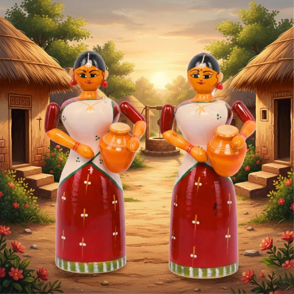 VPH Gift Store Kondapalli Wooden Village Girl with Pot Handcrafted Home Decoration