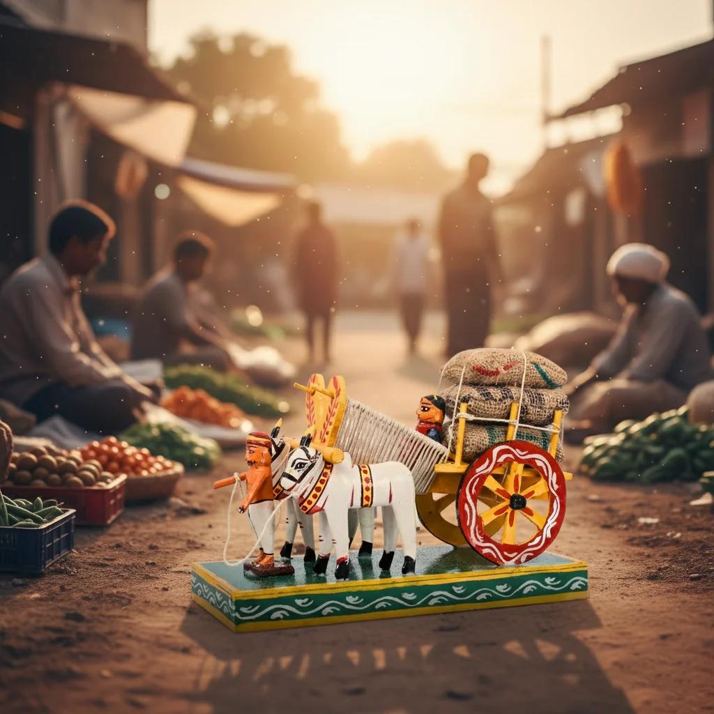 MH Decors Wooden Bullock Cart with Farmer Couple Kondapalli Multi-Colour Decorative Figurine