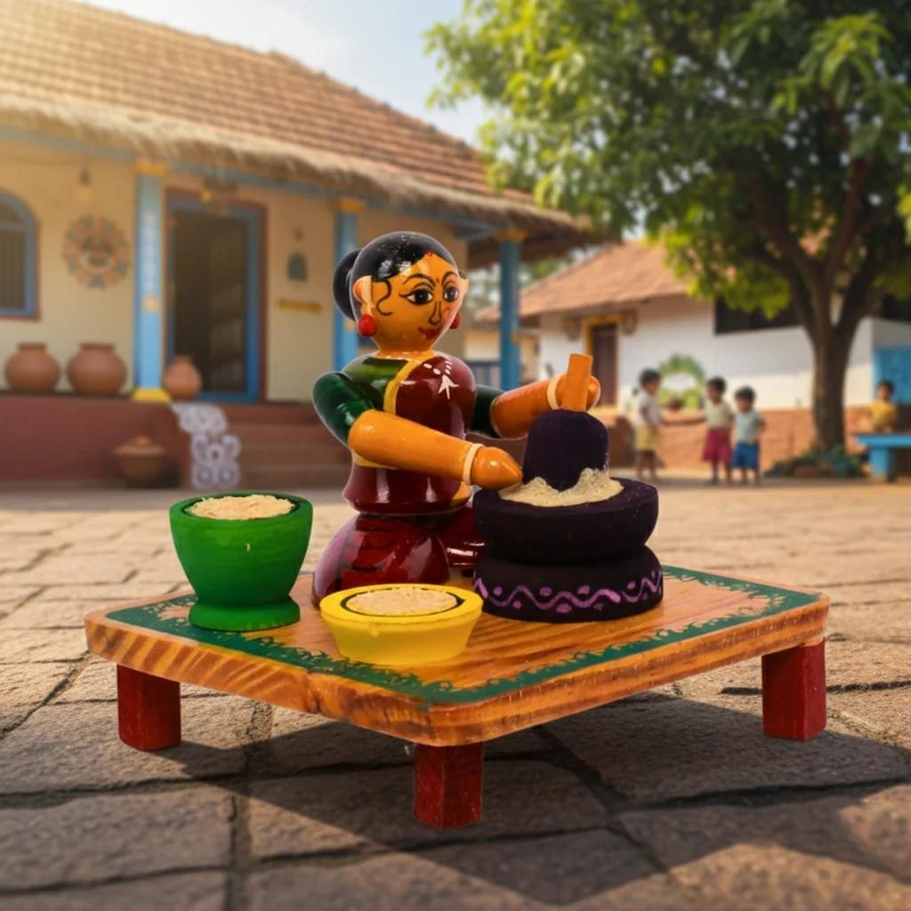VPH Gift Store Handmade Kondapalli Wooden Village Lady Grinding Decorative Showpiece