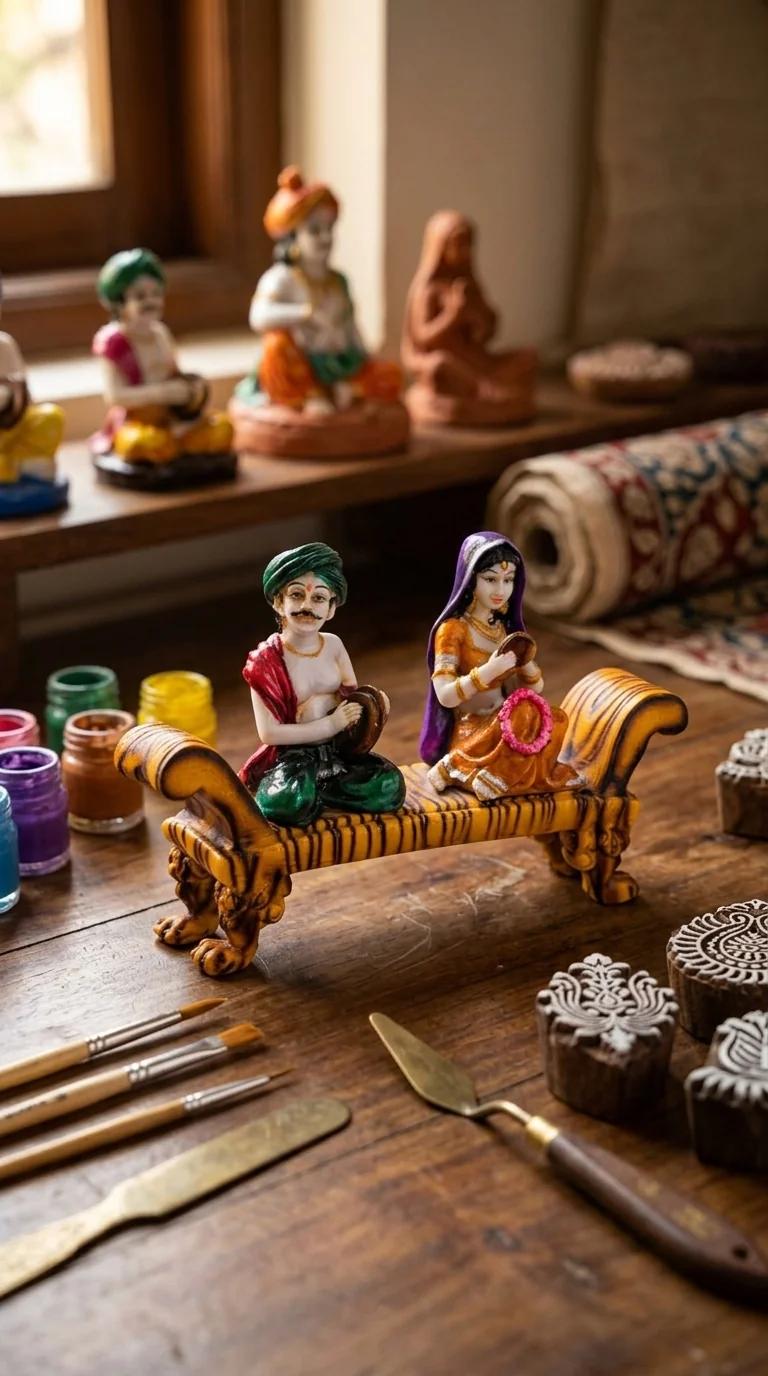 MH Decors Elegant Rajasthani Musical Couple Sitting on Cot Figurine for Home Decor
