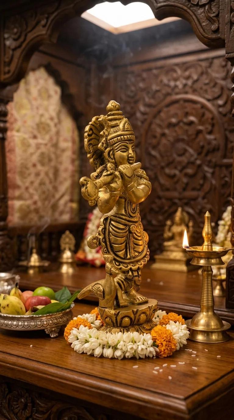 MH Decors Brass Krishna Idol with Flute for Home Altar and Living Room Decor