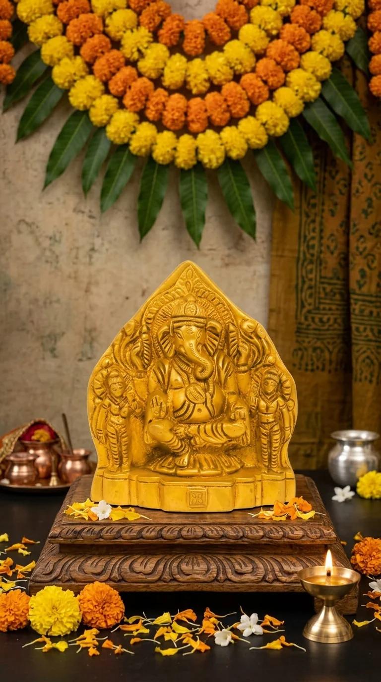 MH Decors Brass Ganapathi Riddhi Siddhi Idol for Temple and Home Display