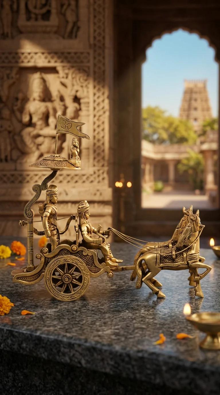 Value Gifts Brass Krishna and Arjuna Statue Horse Cart Scene for Spiritual Home Decoration