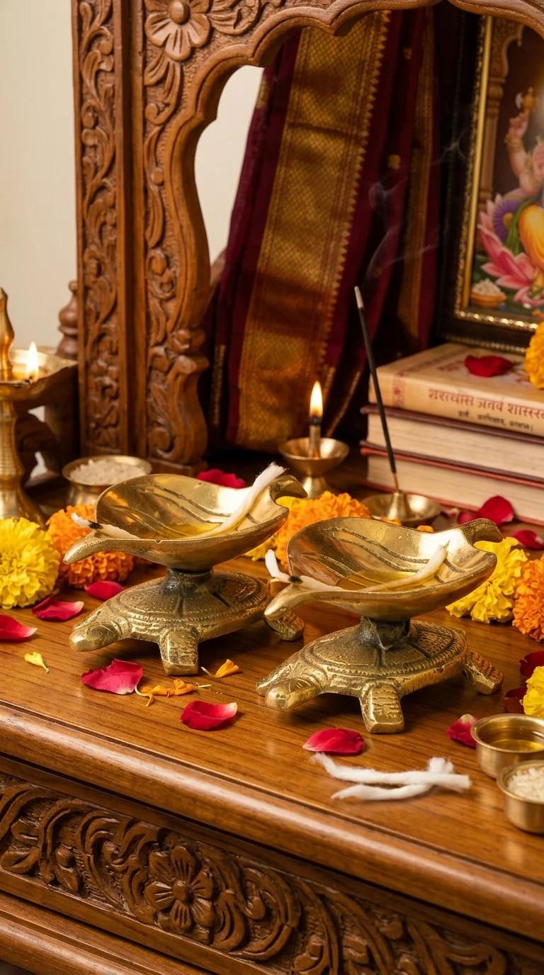 Value Gifts Brass Tortoise Leaf Diyas Set of 2 for Pooja Room and Living Room Decor