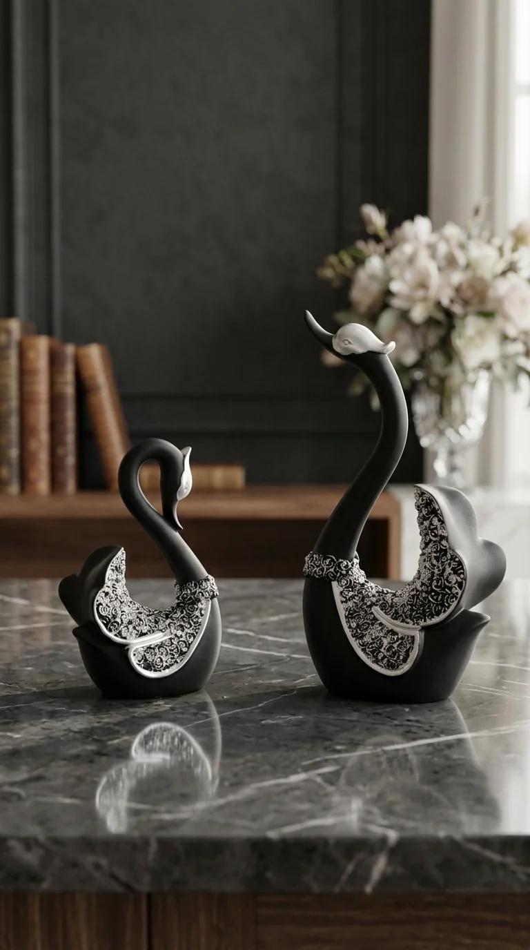 Value Gifts Black and Silver Swan Pair Figurine Decorative Ornament for Home and Office