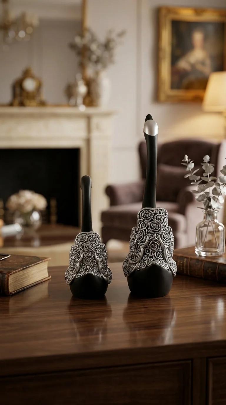 MH Decors Premium Swan Pair Black Silver Showpiece for Home Living Room and Office Decor