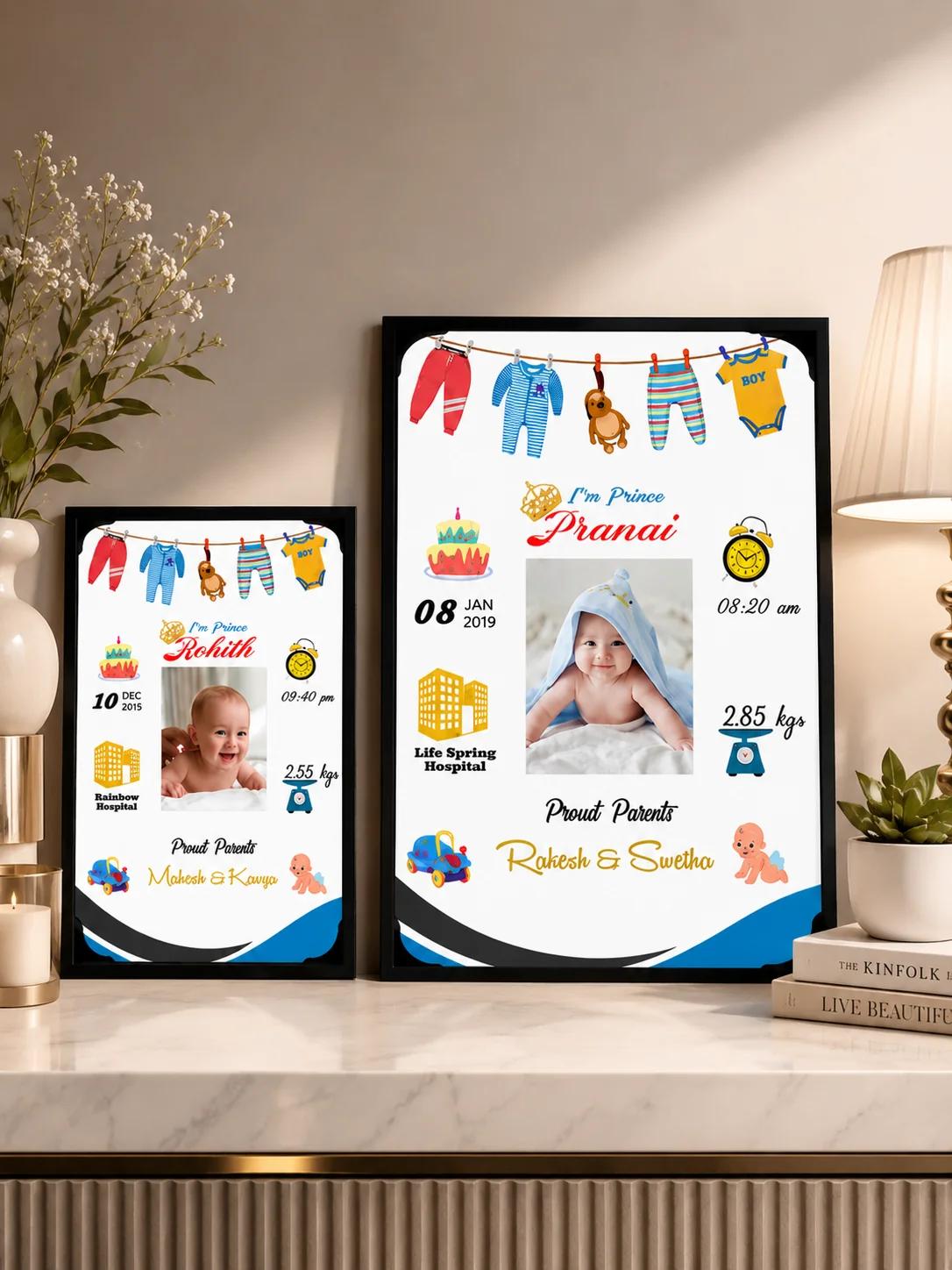 MH Decors Baby Boy Memory Frame Personalized Birth Details Large Size Gift A3 12x18 Inches
