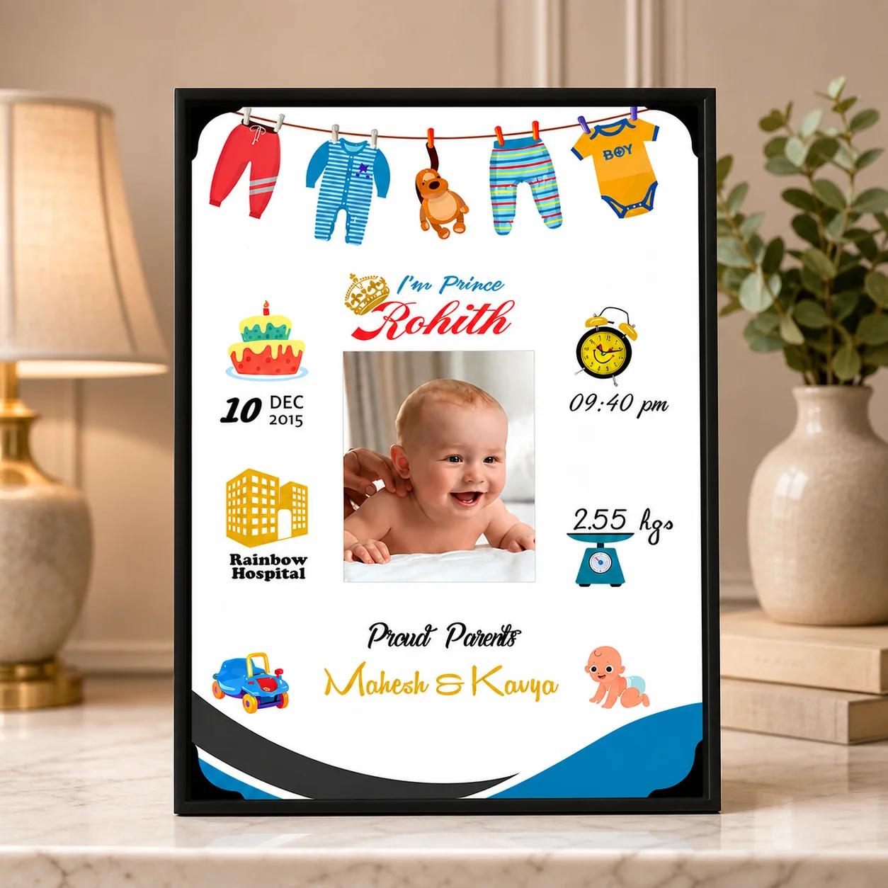 MH Decors Baby Boy Memory Frame Personalized Birth Details Large Size Gift A3 12x18 Inches