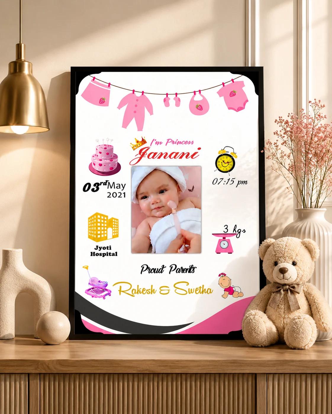 MH Decors Baby Girl Memory Frame Personalized Birth Details Small Size Gift(A4 8x12 Inches)