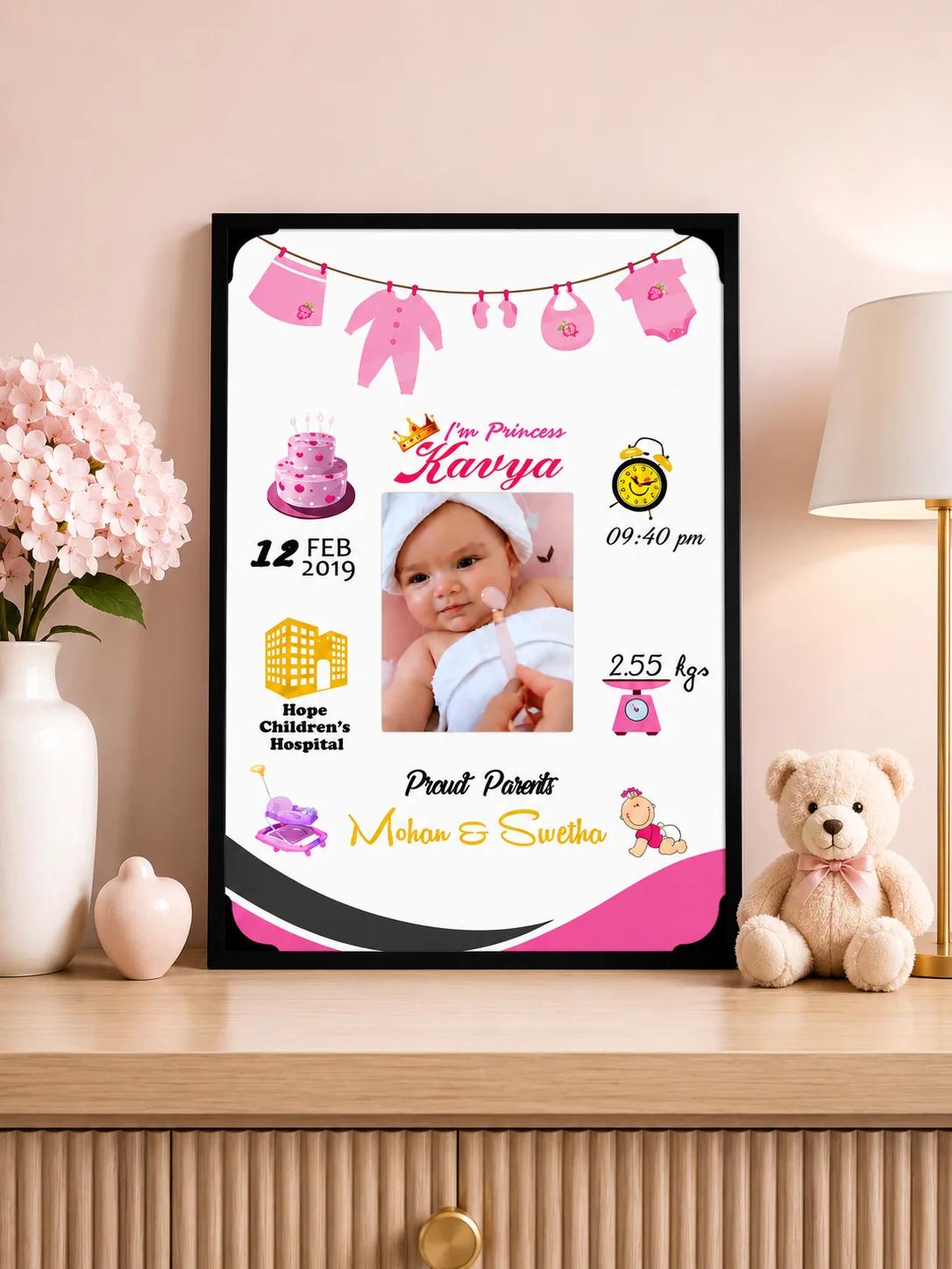 MH Decors Baby Girl Memory Frame Personalized Birth Details Small Size Gift(A4 8x12 Inches)