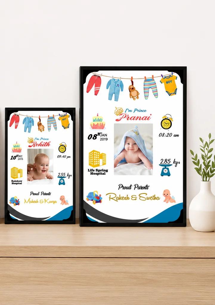 Personalized New Born Baby Photo Frame with Birth Details wall Mount(Baby Boy)Large Size A3 12x18 Inches