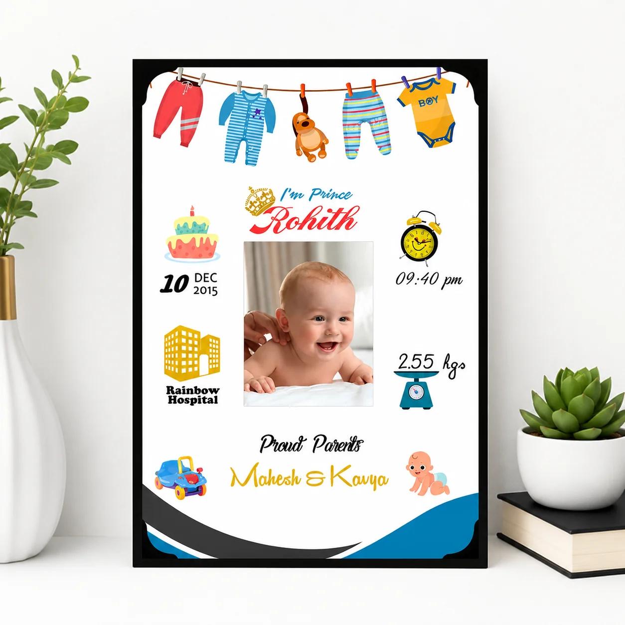 Personalized New Born Baby Photo Frame with Birth Details wall Mount(Baby Boy)Large Size A3 12x18 Inches