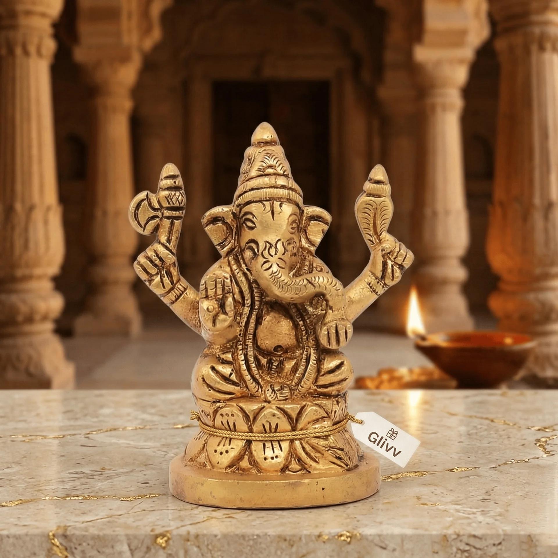 MH Decors Elegant Brass Lord Ganesha Statue for Desk Car and Home Decor