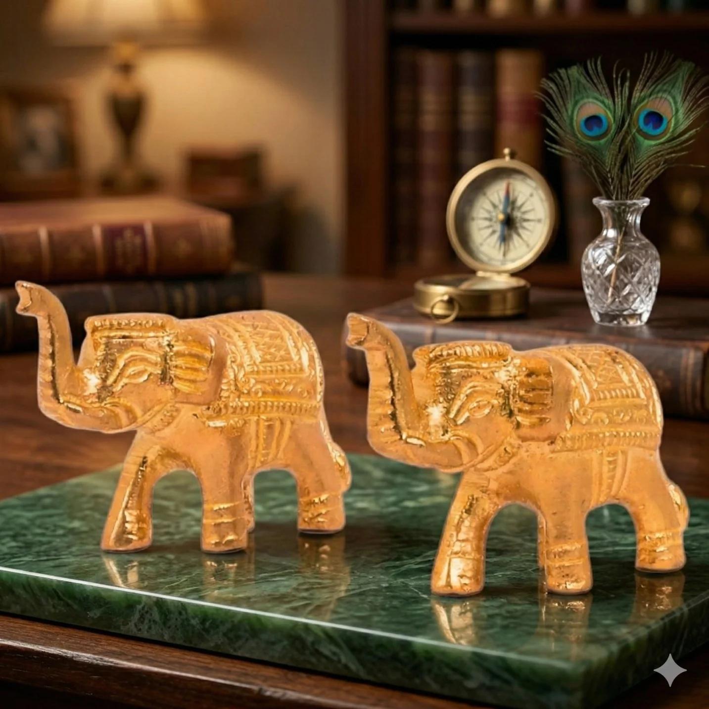 Value Gifts Antique Brass Elephant Show Piece Two Pieces for Living Room Decor