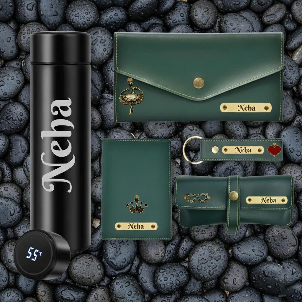 Women’s Olive Green Personalized Gift Hamper – Wallet, Passport Cover & More