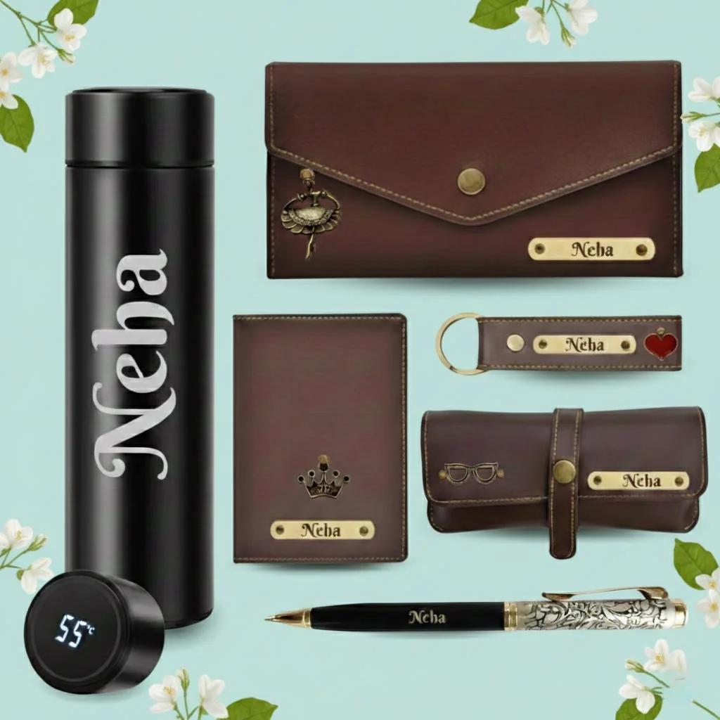 MH Decors Elegant Brown Leather Personalized Gift Set for Women