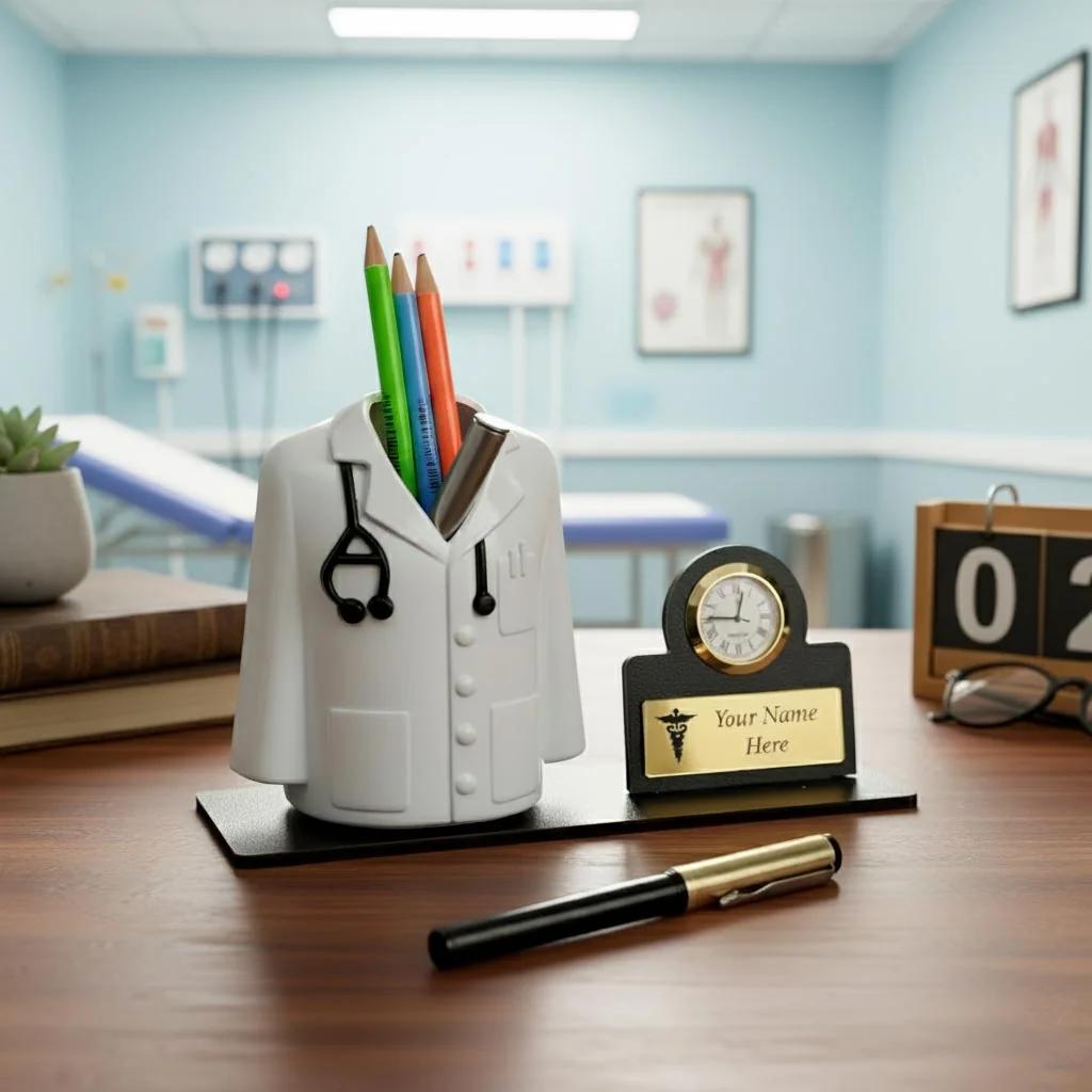 MH Decors Luxury Doctor Desk Accessory – Pen Stand with Name & Clock
