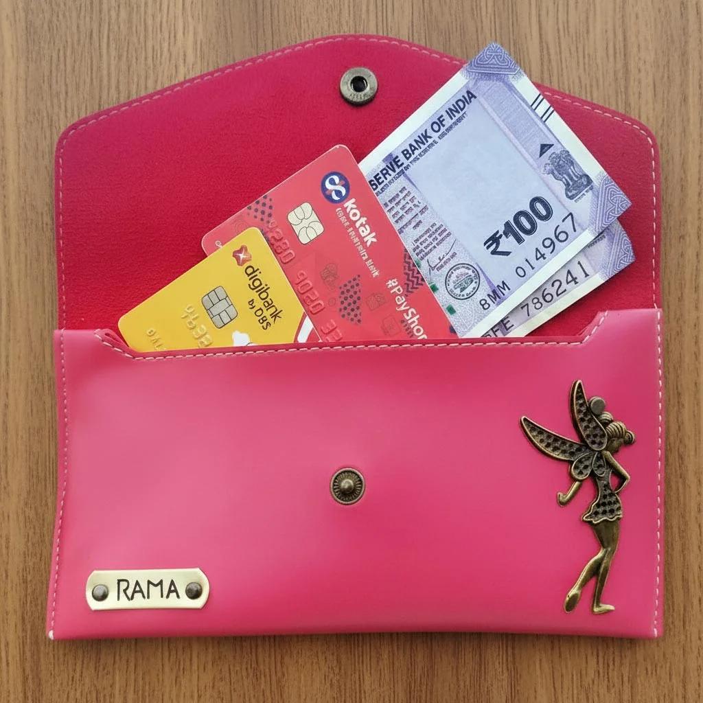 MH Decors Elegant Pink Girls’ Clutch Wallet – Custom Name Engraving
