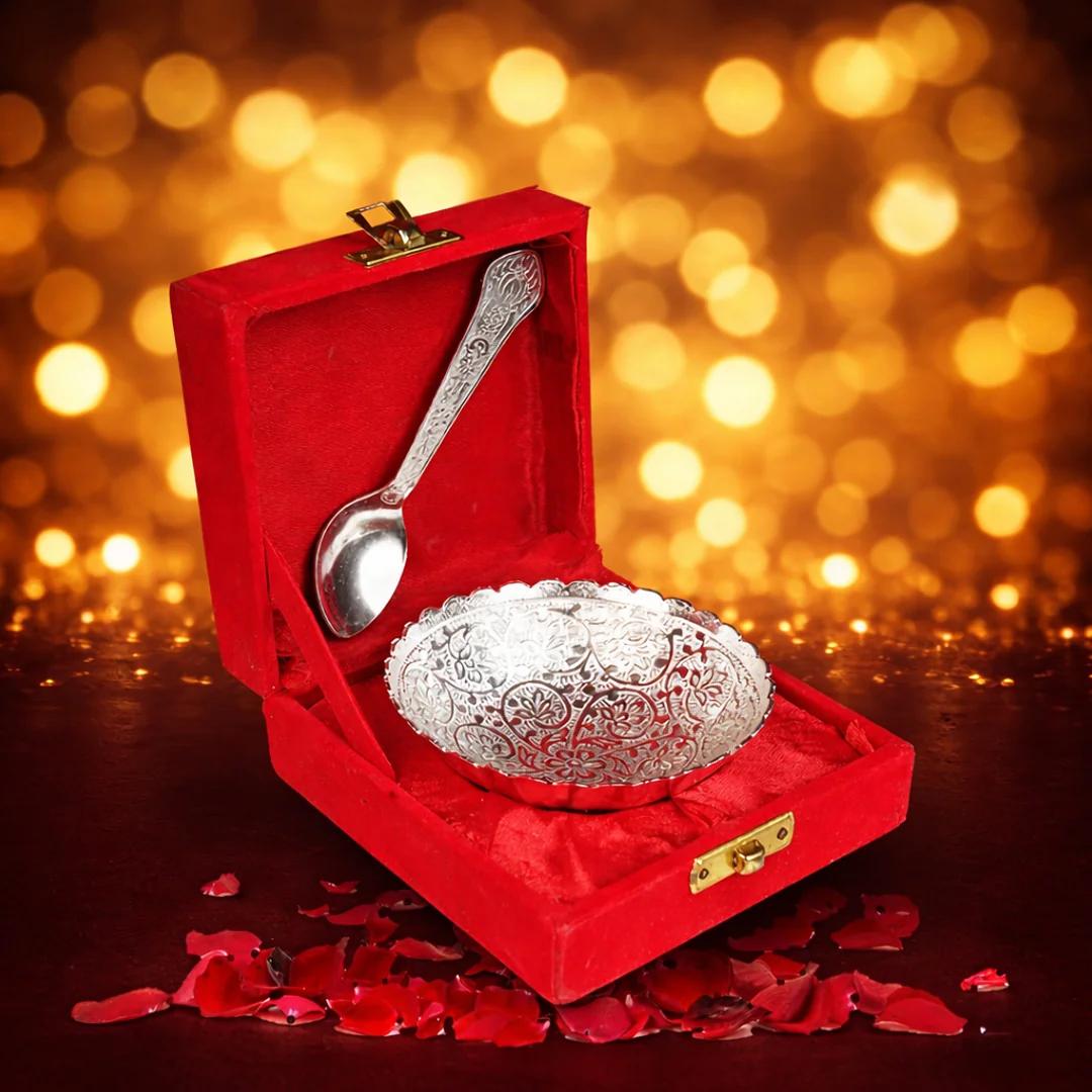 NN Eesha Designer German Silver Serveware Set of 10 with Velvet Gift Box