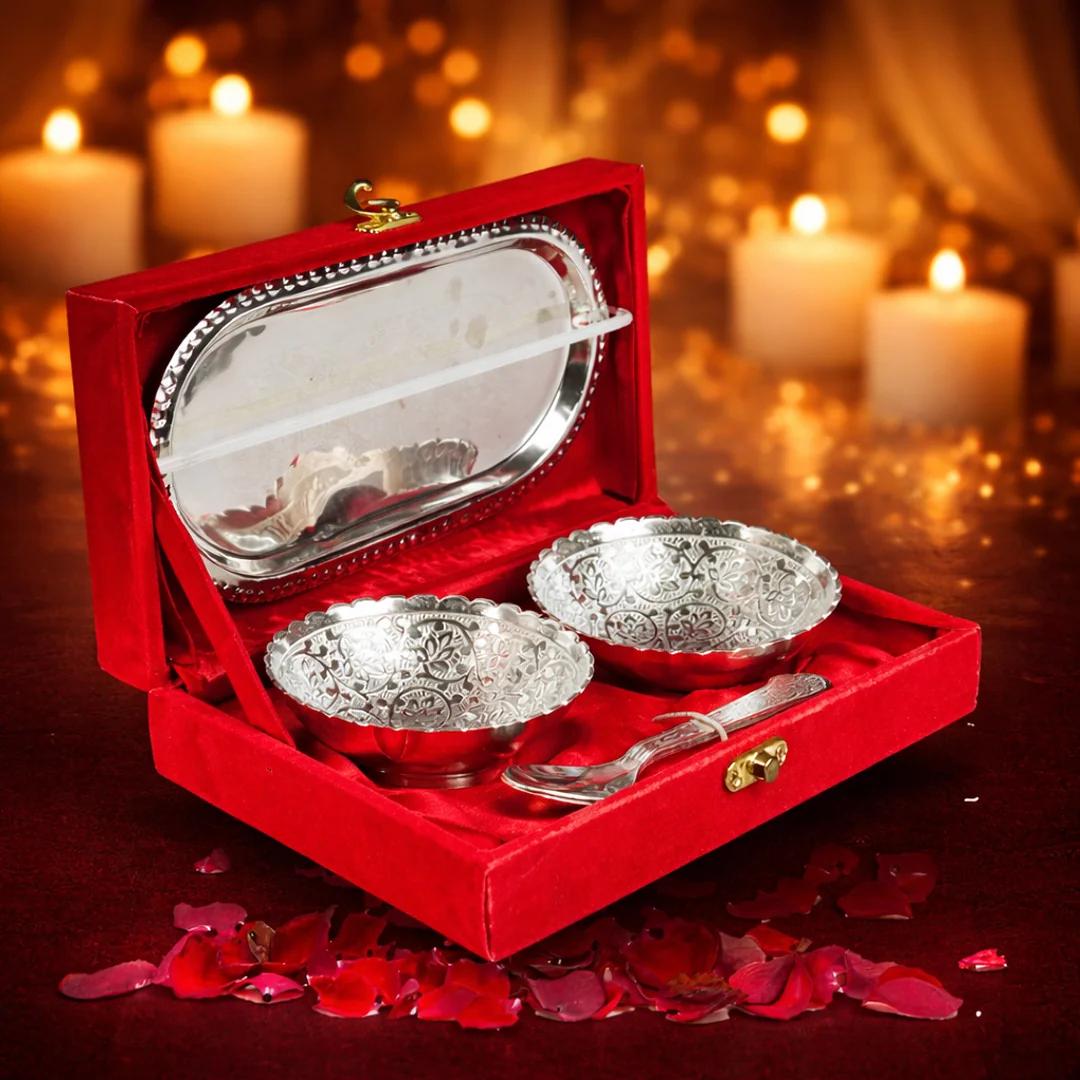 VPH Gift Store German Silver Dinner Plate with 2 Bowls Set of 10 in Velvet Presentation Box