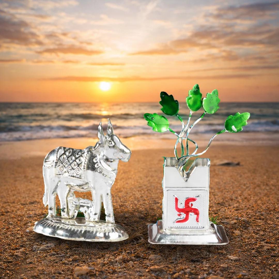 VPH Gift Store Decorative German Silver Tulsi with Cow Calf Miniature Set of 10