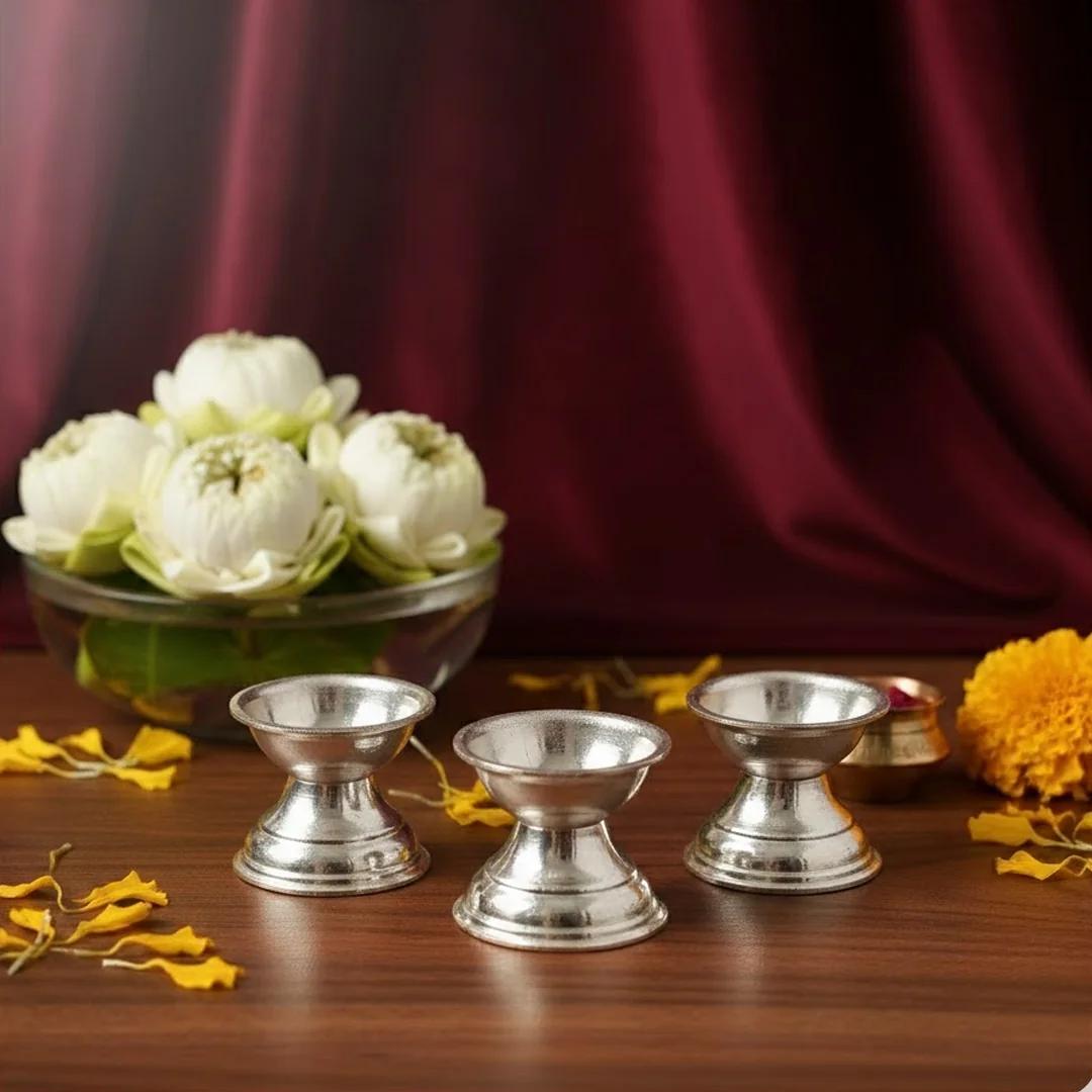 VPH Gift Store Premium German Silver Diya Set 10 Pairs for Mandir and Spiritual Use