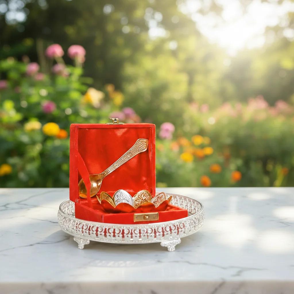 VPH Gift Store Handcrafted German Silver 10 Inch Tray for Pooja Ceremonies