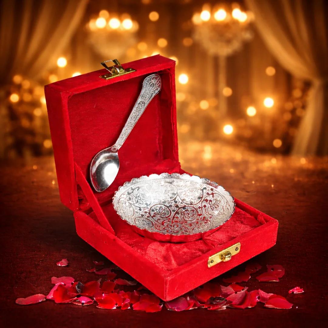 V Gifts Elegant German Silver Bowl and Spoon Set 10 Pieces in Velvet Box