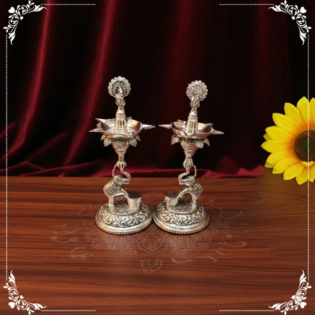 VPH Gift Store Premium Handcrafted German Silver Kamakshi Deepam Antique Lamp