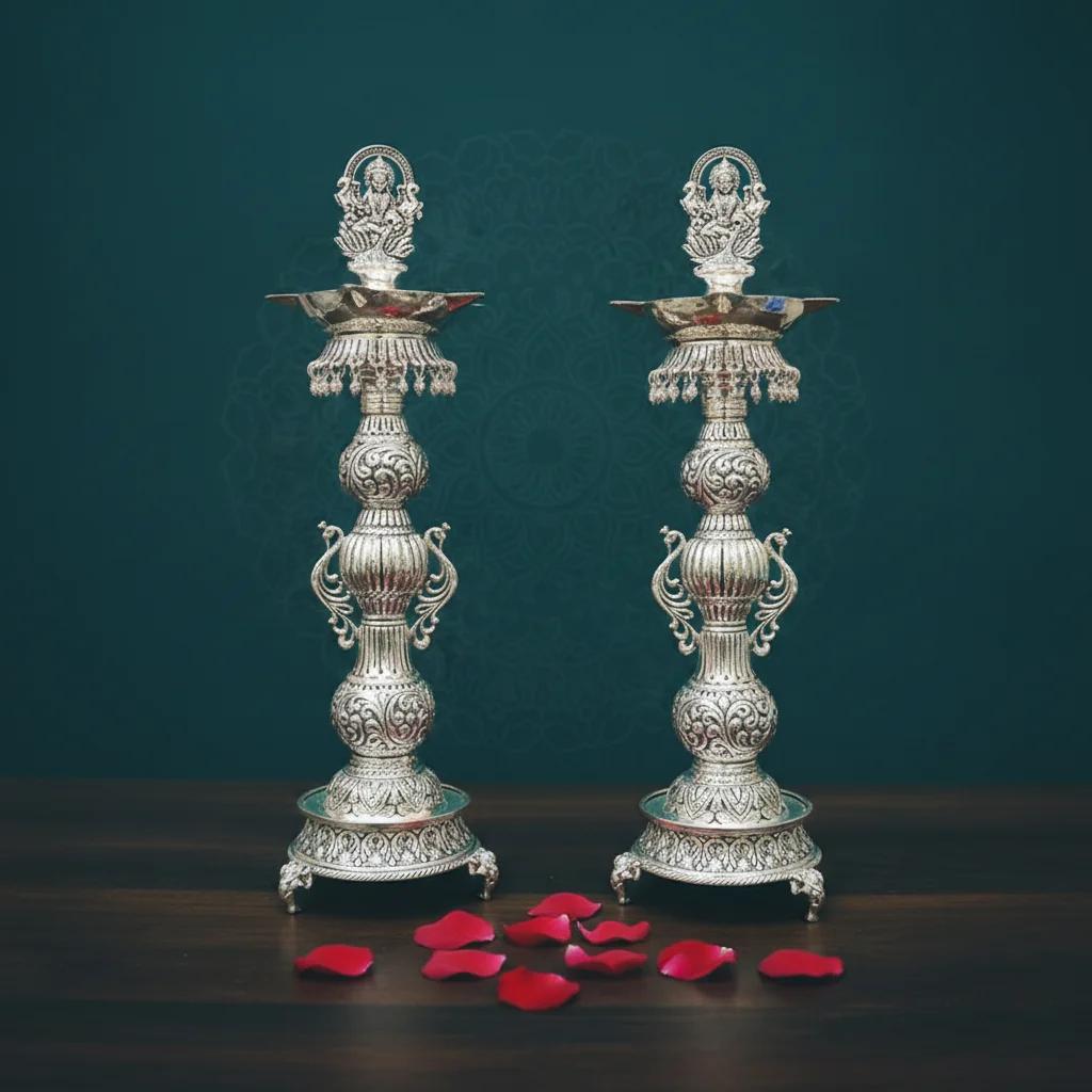 VPH Gift Store Handcrafted 22 Inch German Silver Antique Diyas Premium Quality