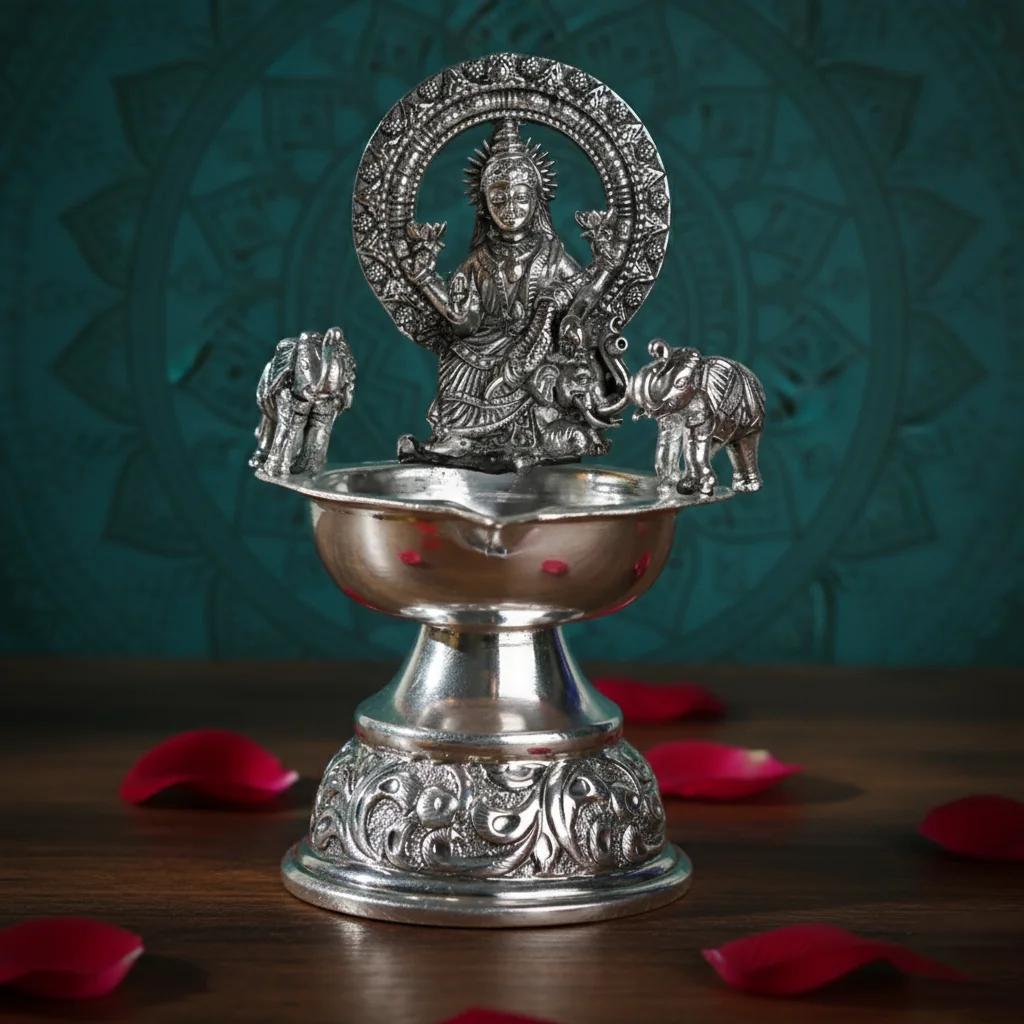 VPH Gift Store Antique German Silver Kamakshi Deepam Decorative Religious Lamp