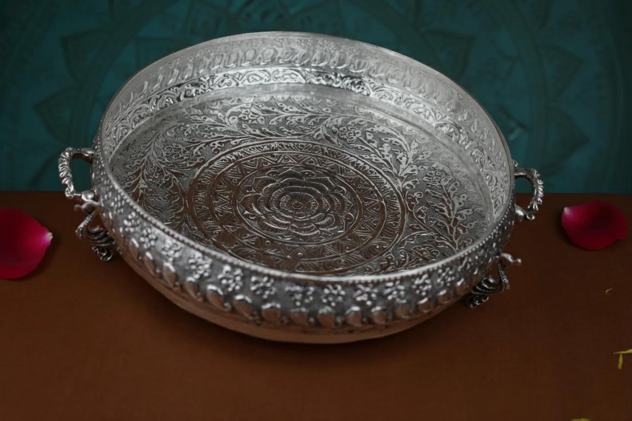 VPH Gift Store Decorative 10 Inch German Silver Antique Tray for Festivals