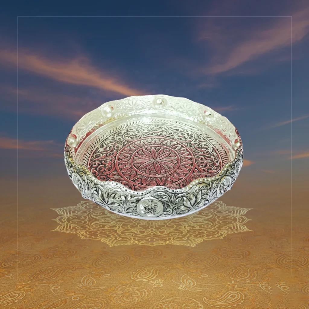 VPH Gift Store 8 Inch Antique Lakshmi Plate with German Silver Design