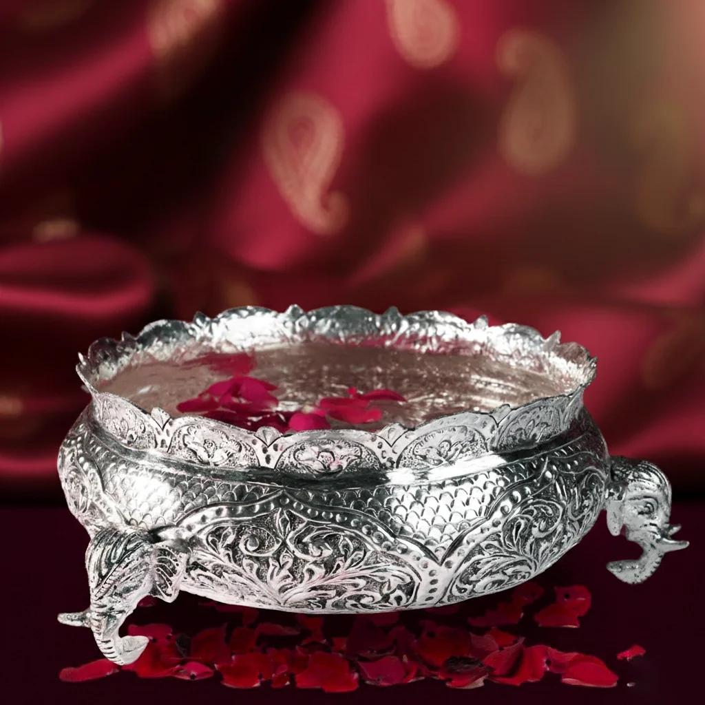 VPH Gift Store Elegant Antique German Silver 8-Inch Urli for Religious Rituals and Offerings