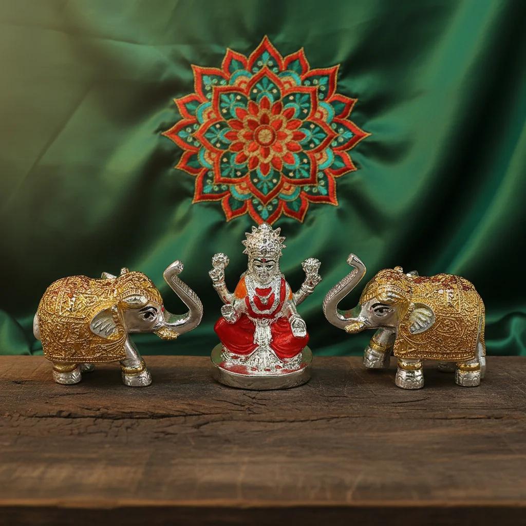 VPH Gift Store German Silver Lakshmi Idol with Elephant Pair 3 Inch + 2 Inch