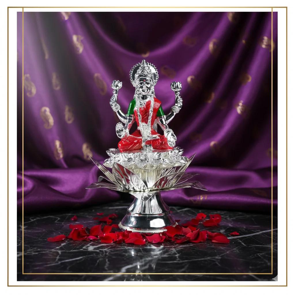 VPH Gift Store Elegant German Silver Lotus Stand with 5 Inch Lakshmi Idol Set