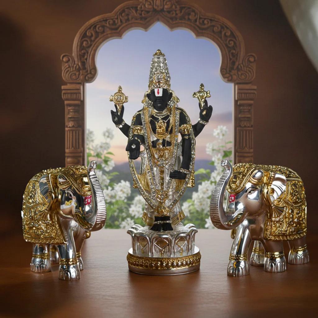 VPH Gift Store German Silver 8 Inch Balaji Idol and Elephants Decorative Set