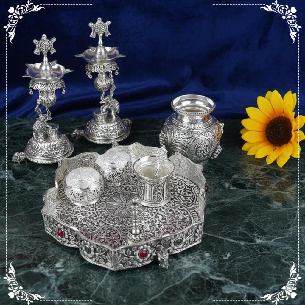 Value Gifts Elegant Antique Pooja Thali in German Silver for Pooja and Ceremonies